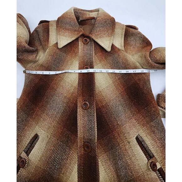 Vtg 70s Miss Gallery Women's S/M Brown & Tan Plaid Retro Wool Trench Coat w/Belt - Picture 7 of 12